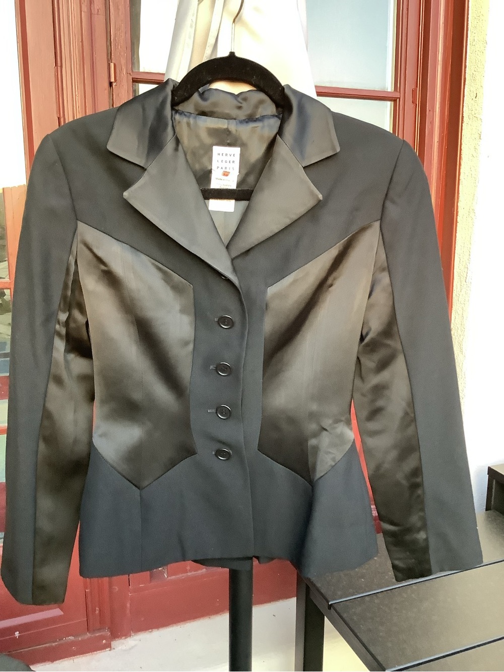 Herve Leger Black Satin-Panel Tailored Blazer